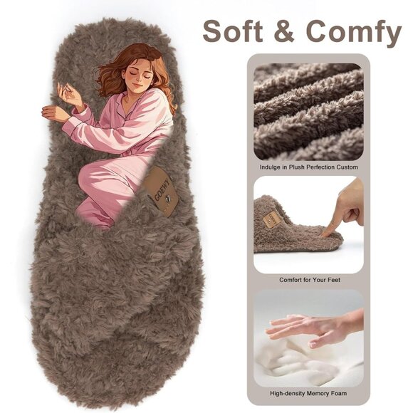 ⚡Women’s Brown Faux Fur Cozy Fuzzy Cross Band Slippers Indoor House Shoes - Picture 3 of 6